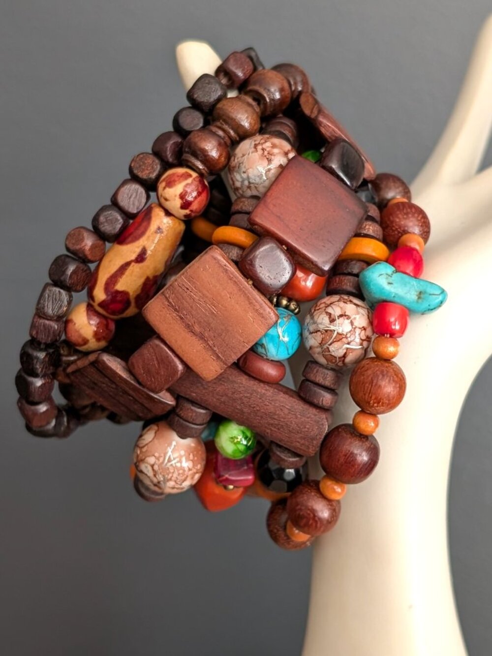Bundle of 5 wood stacking/layering stretch bracelets with bead accents